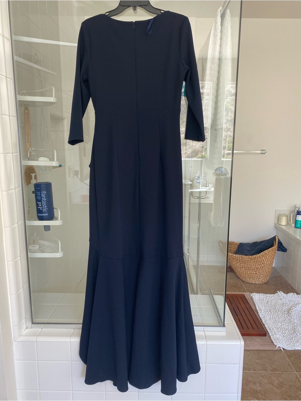 Adam Navy Three-Quarter Sleeve Flounce-Hem Maxi Dress